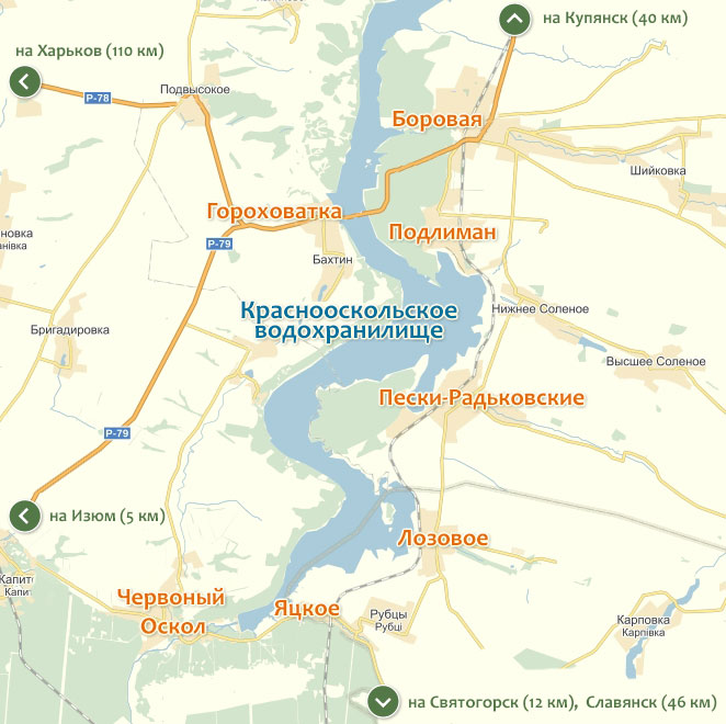Красный Оскол и Яцкое на карте Краснооскольского водохранилища